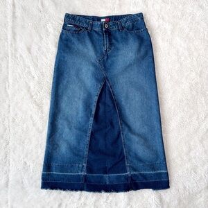 VTG 90s Tommy Hilfiger Denim Long Midi Raw Hem Skirt SZ9 Y2K Preppy Western